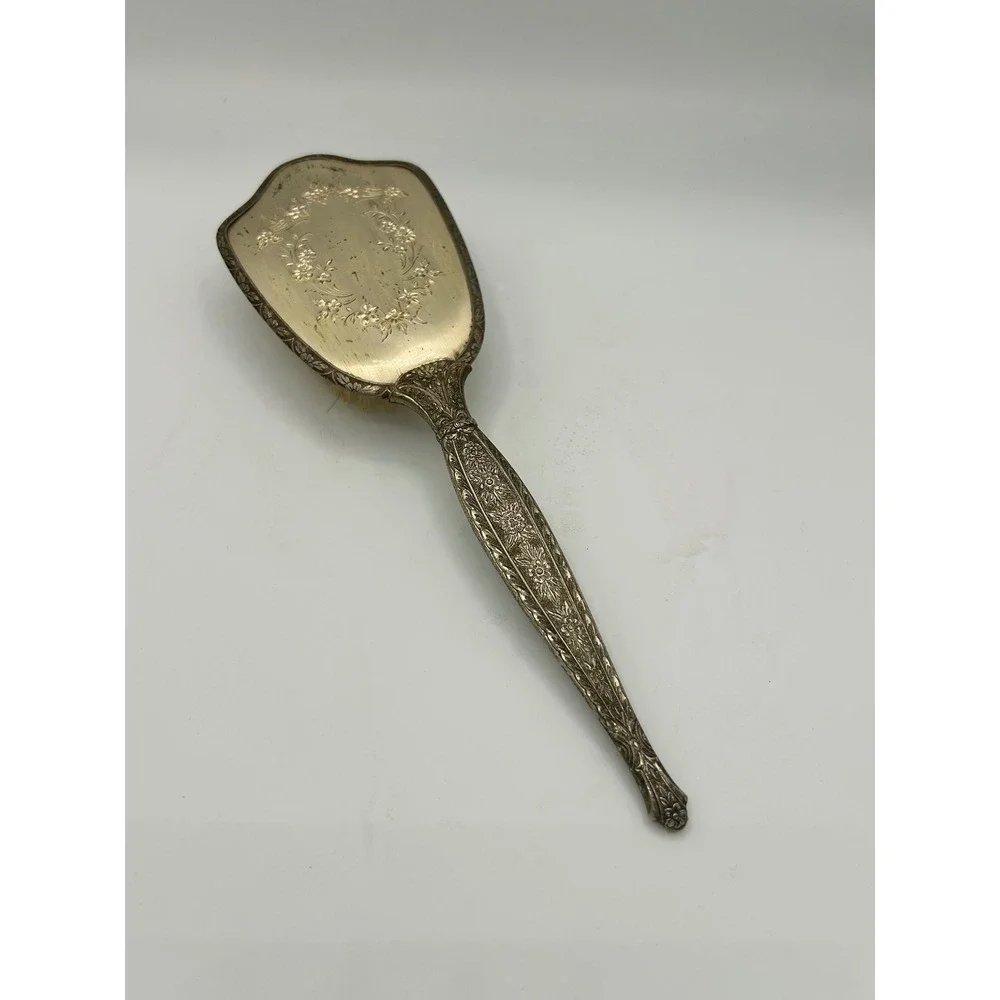 Vintage Ornate Silver Tone Floral Repousse Hair Brush Nylon Bristles Vanity